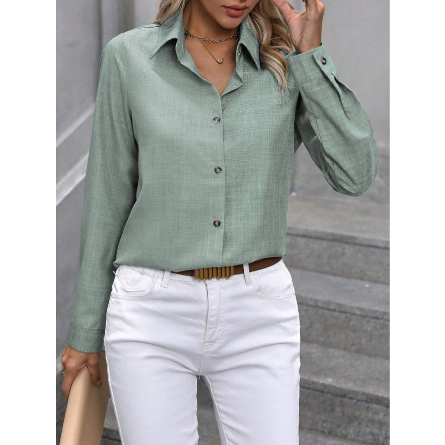 Button Up Collared Neck Long Sleeve Shirt Gum Leaf / S Apparel and Accessories