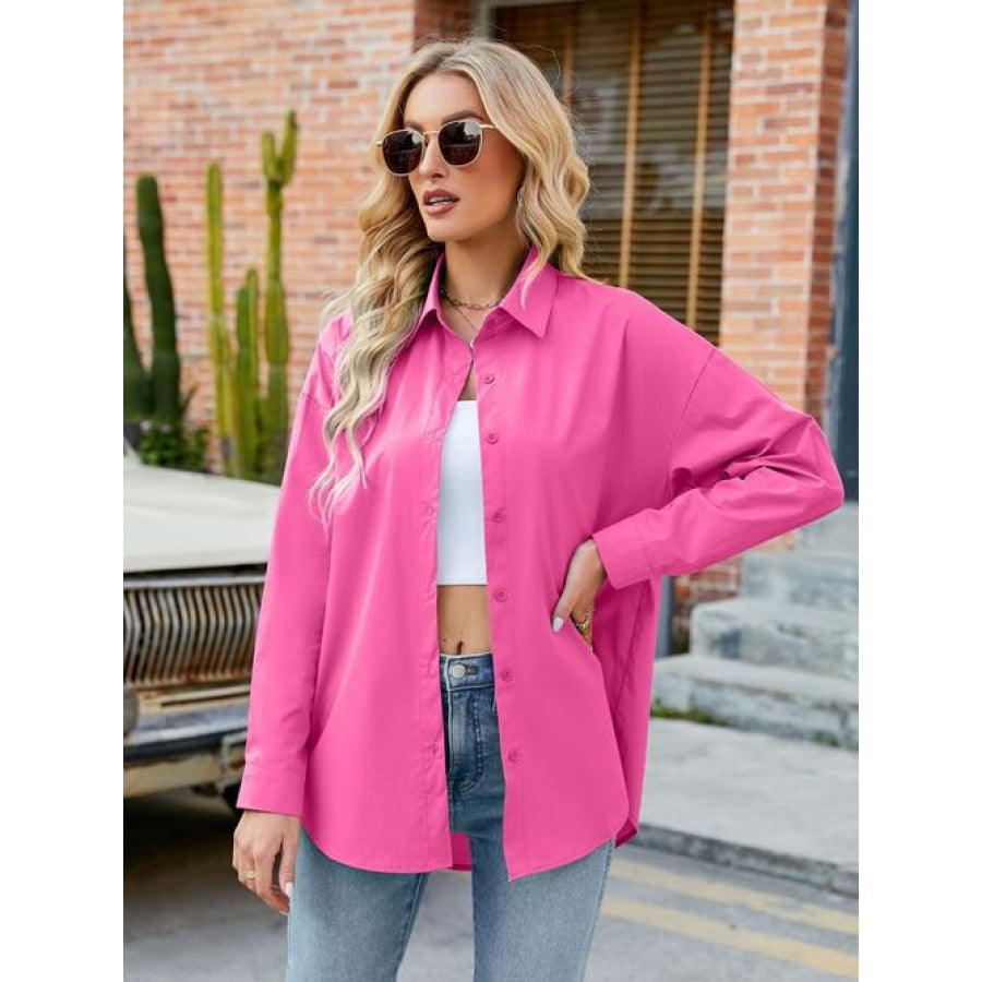 Button Up Collared Neck Long Sleeve Shirt Hot Pink / S