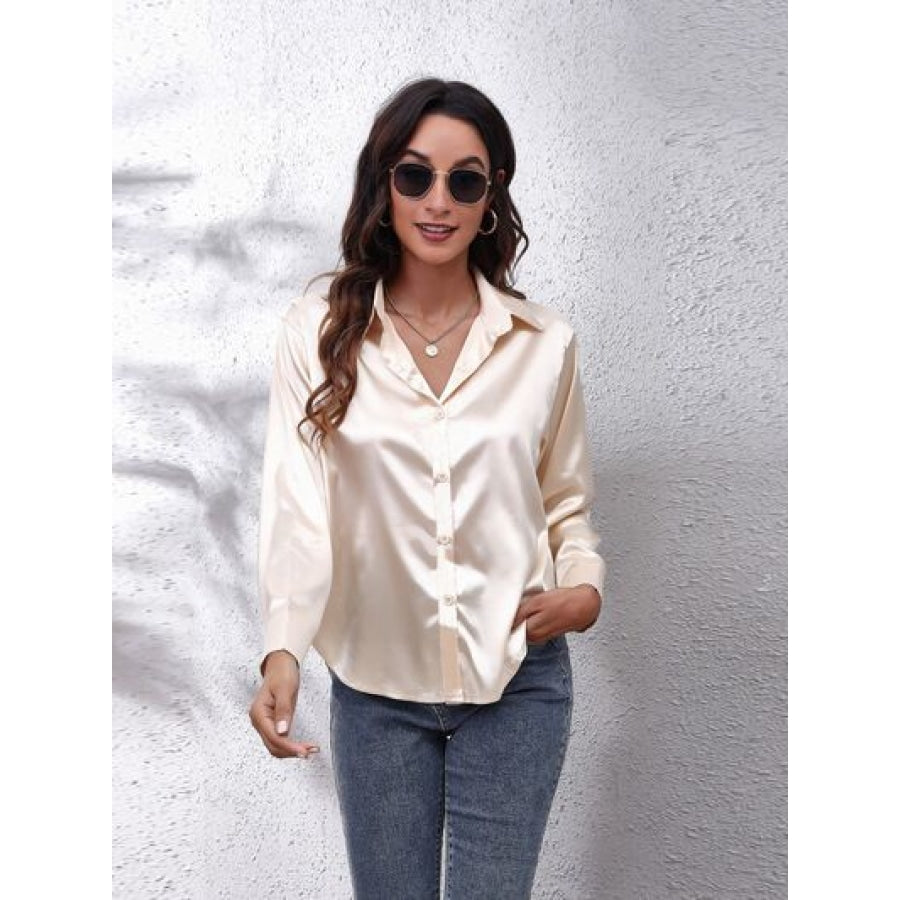 Button Up Collared Neck Long Sleeve Shirt Ivory / S Clothing