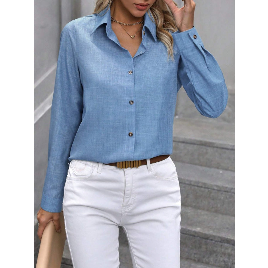 Button Up Collared Neck Long Sleeve Shirt Light Blue / S Apparel and Accessories