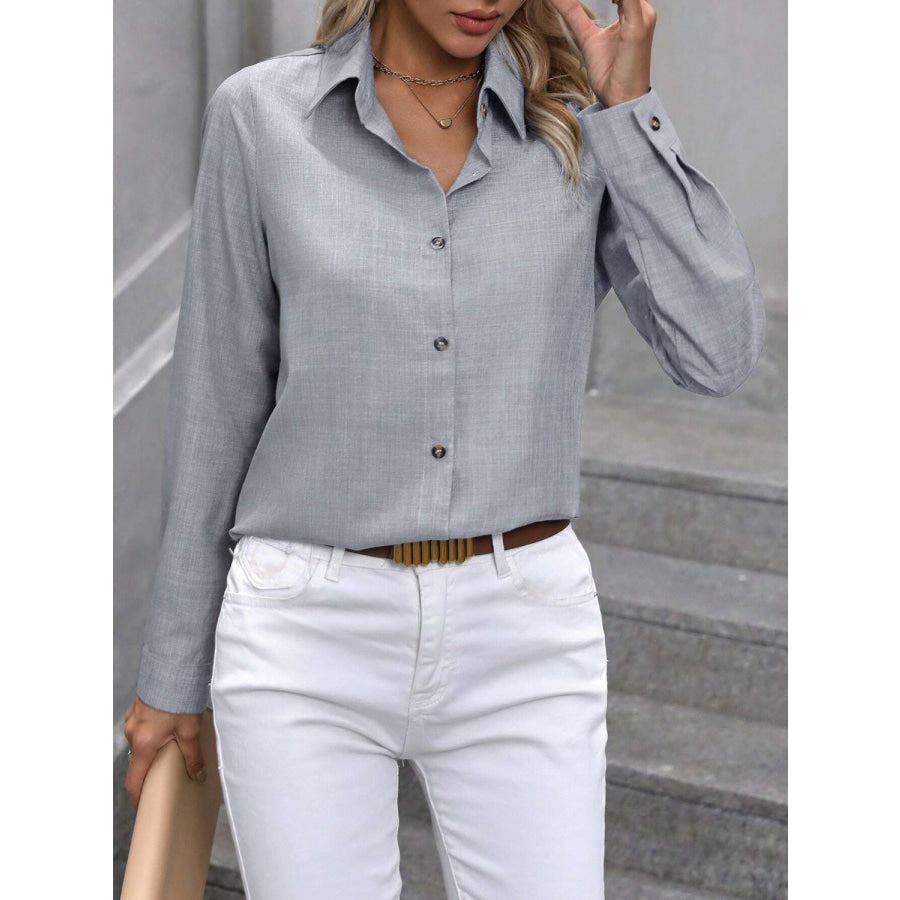 Button Up Collared Neck Long Sleeve Shirt Light Gray / S Apparel and Accessories