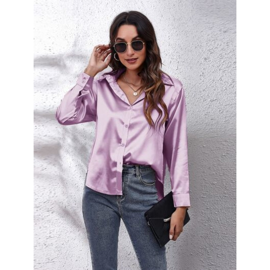 Button Up Collared Neck Long Sleeve Shirt Lilac / S Clothing