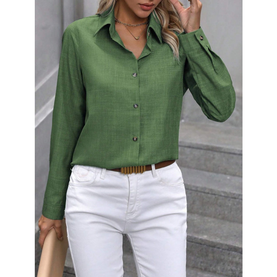 Button Up Collared Neck Long Sleeve Shirt Matcha Green / S Apparel and Accessories