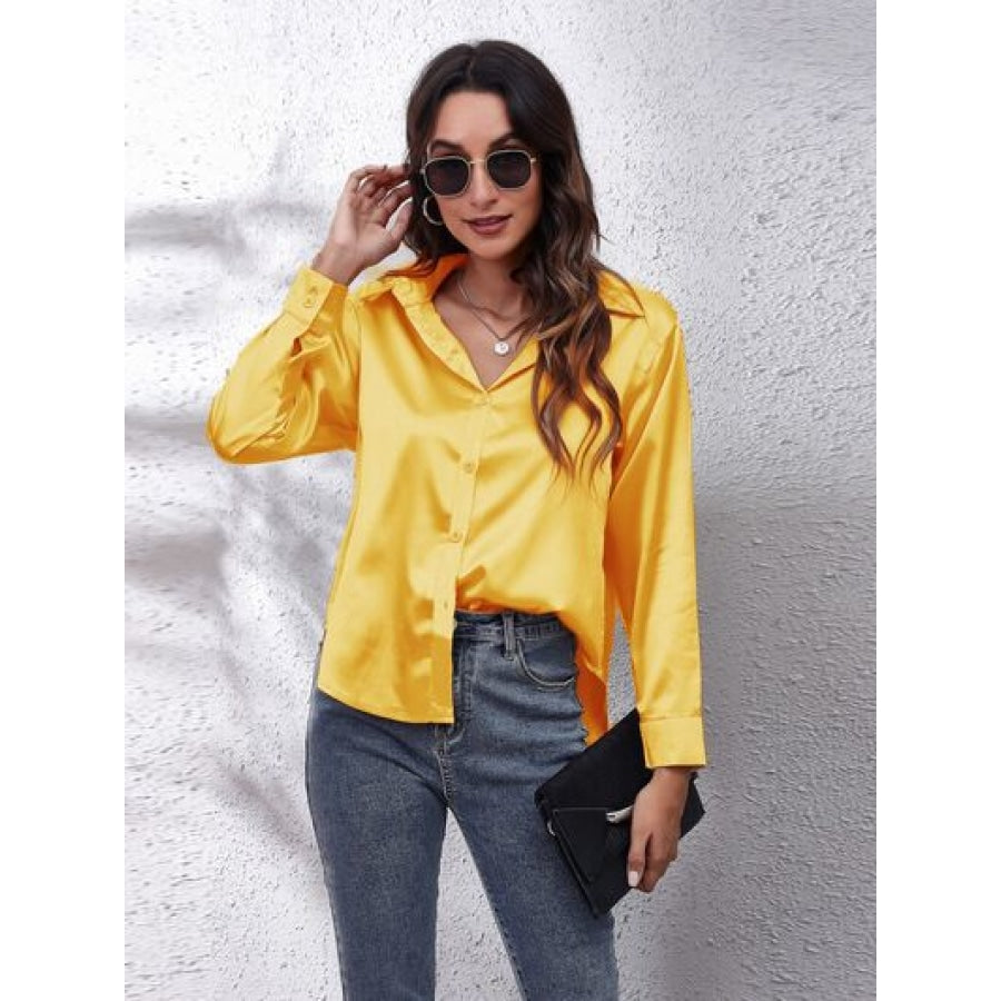 Button Up Collared Neck Long Sleeve Shirt Mustard / S Clothing