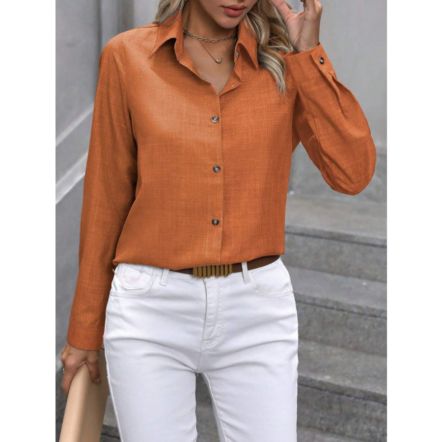 Button Up Collared Neck Long Sleeve Shirt Orange / S Apparel and Accessories