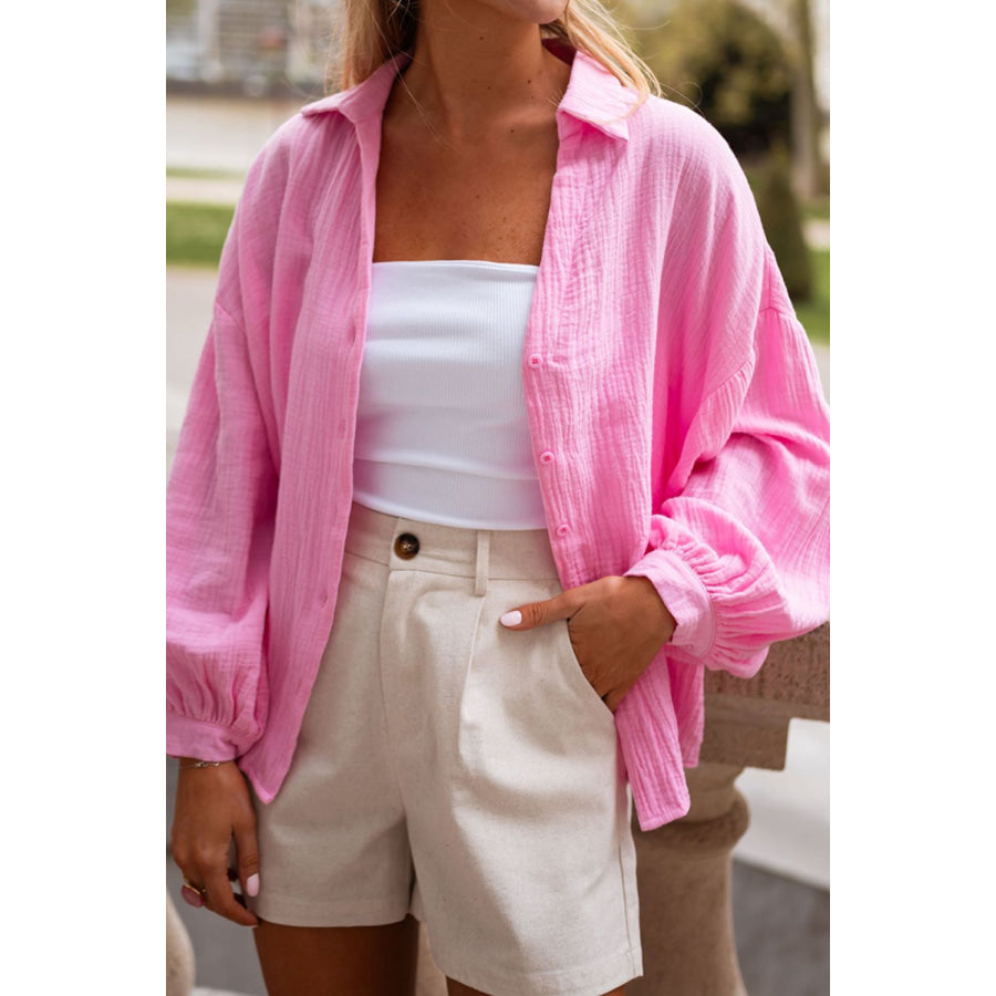Button Up Collared Neck Long Sleeve Shirt Pink / S Apparel and Accessories