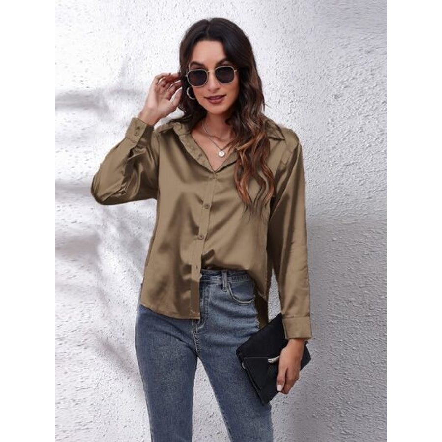 Button Up Collared Neck Long Sleeve Shirt Taupe / S Clothing