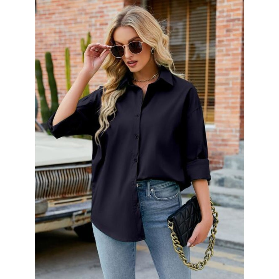 Button Up Collared Neck Long Sleeve Shirt