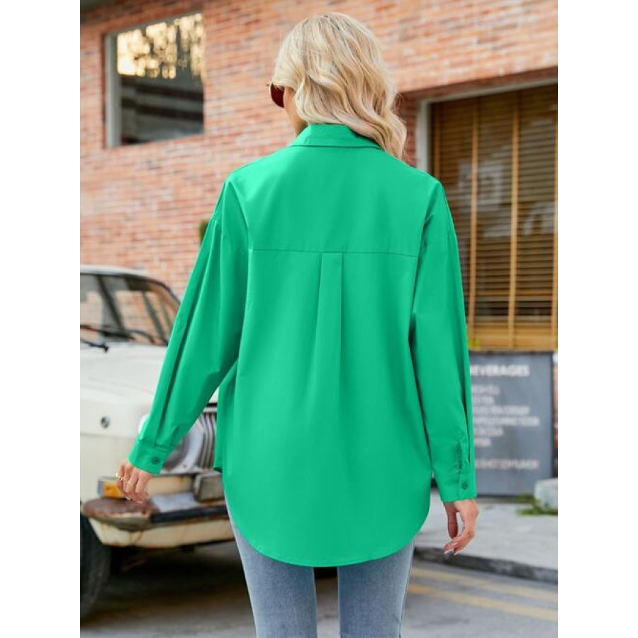 Button Up Collared Neck Long Sleeve Shirt Mid Green / S