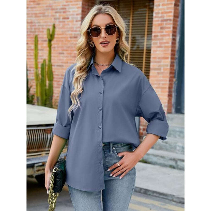 Button Up Collared Neck Long Sleeve Shirt