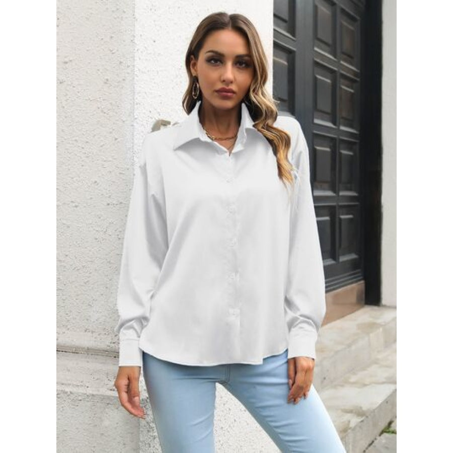 Button Up Collared Neck Long Sleeve Shirt White / S Clothing