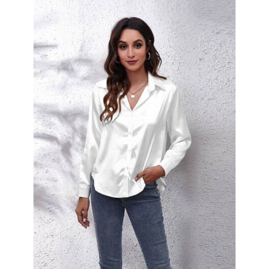 Button Up Collared Neck Long Sleeve Shirt White / S Clothing