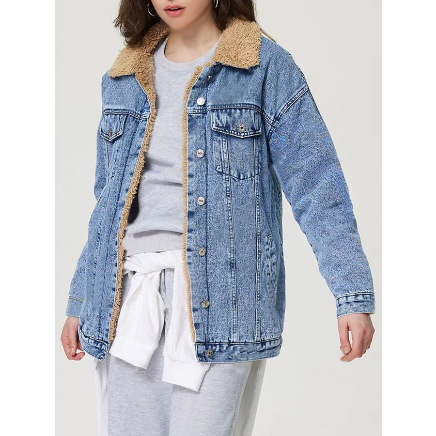 Button Up Collared Neck Plush Denim Jacket Apparel and Accessories