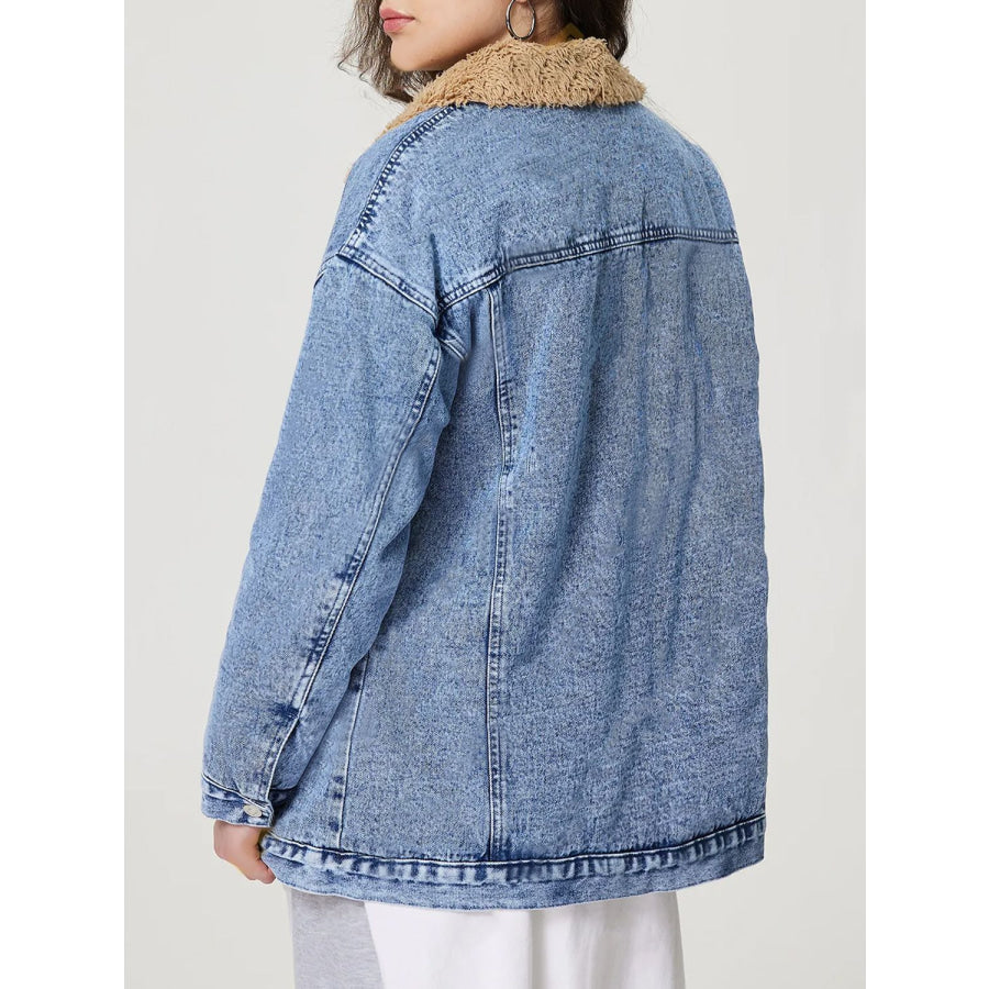 Button Up Collared Neck Plush Denim Jacket Apparel and Accessories