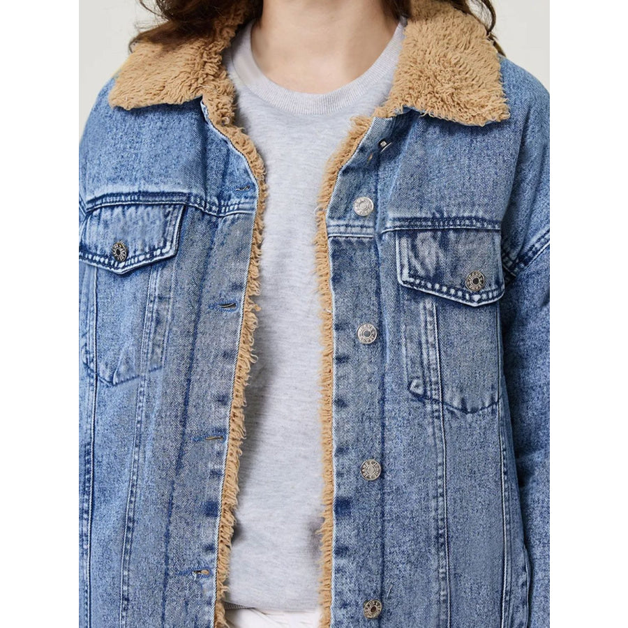 Button Up Collared Neck Plush Denim Jacket Apparel and Accessories