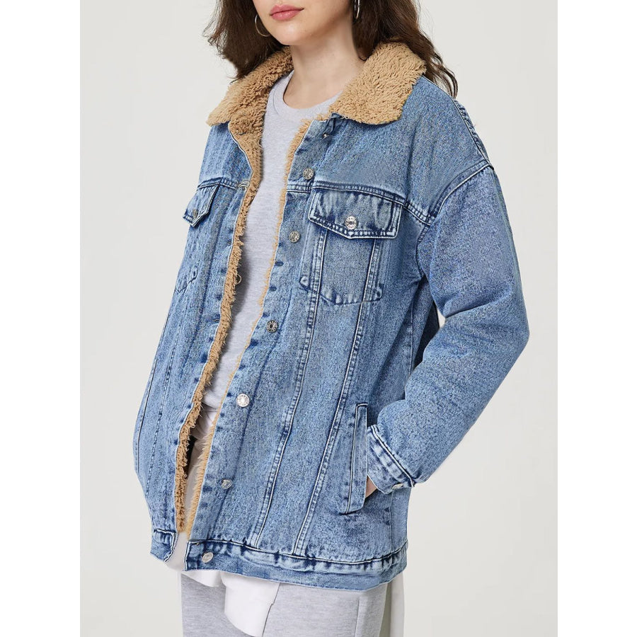 Button Up Collared Neck Plush Denim Jacket Apparel and Accessories