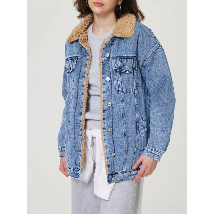 Button Up Collared Neck Plush Denim Jacket Light / XS Apparel and Accessories