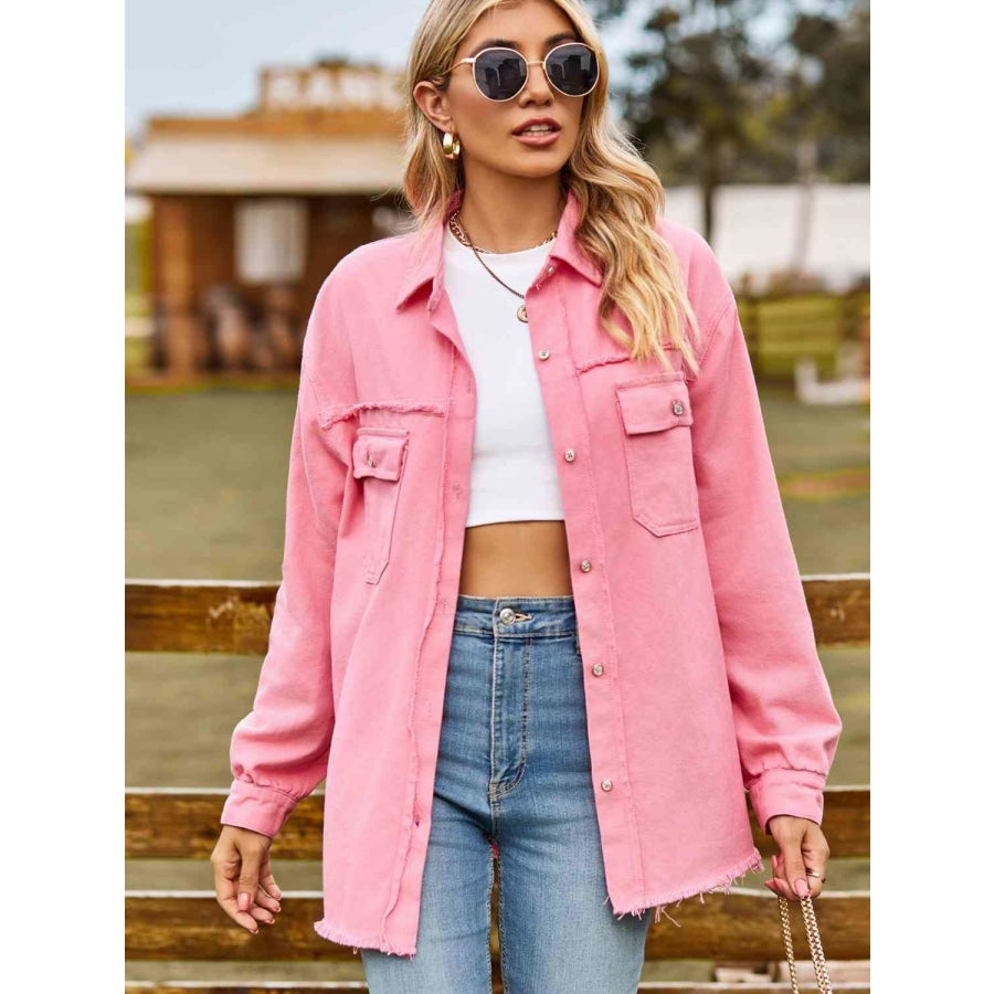 Button Up Collared Neck Raw Hem Denim Top Carnation Pink / S