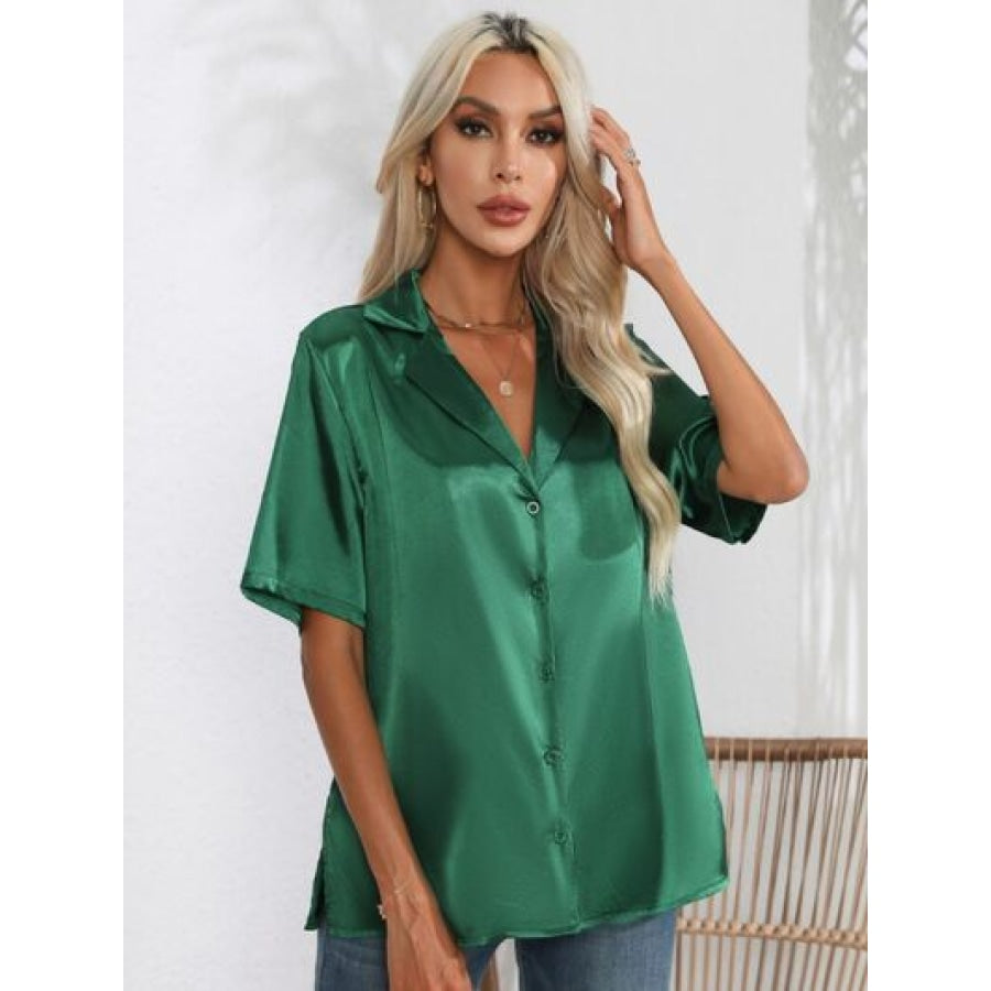 Button Up Collared Neck Shirt Green / S Clothing