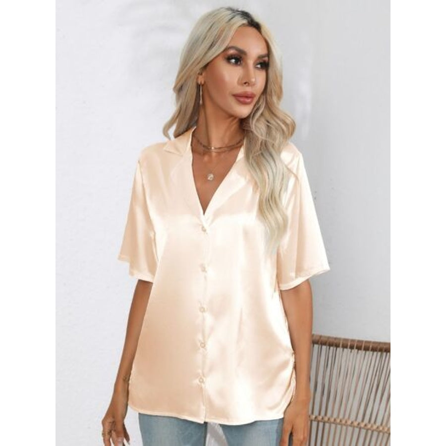 Button Up Collared Neck Shirt Sand / S Clothing