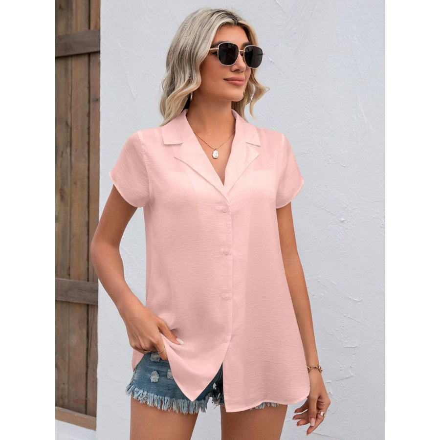 Button Up Collared Neck Short Sleeve Shirt Apparel and Accessories