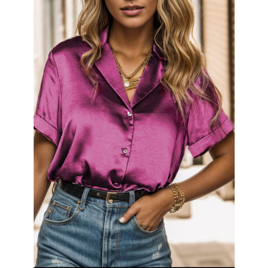 Button Up Collared Neck Short Sleeve Shirt Fuchsia / S Apparel and Accessories