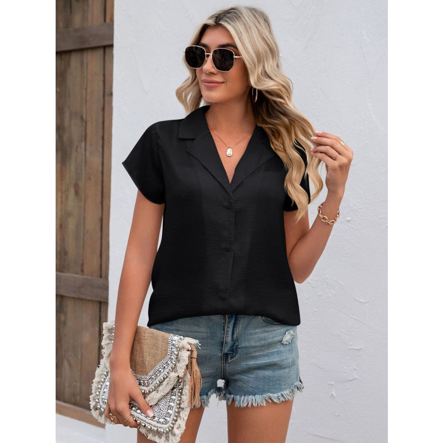 Button Up Collared Neck Short Sleeve Shirt Apparel and Accessories