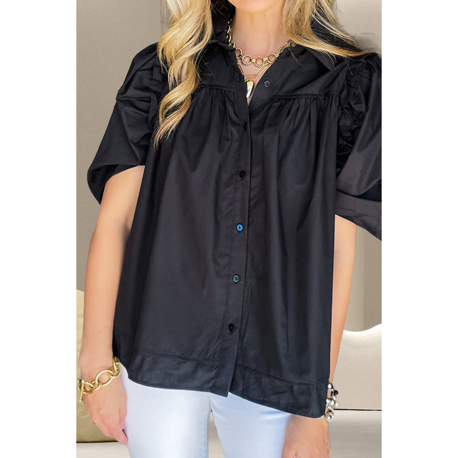 Button Up Collared Neck Short Sleeve Shirt Black / S Apparel and Accessories