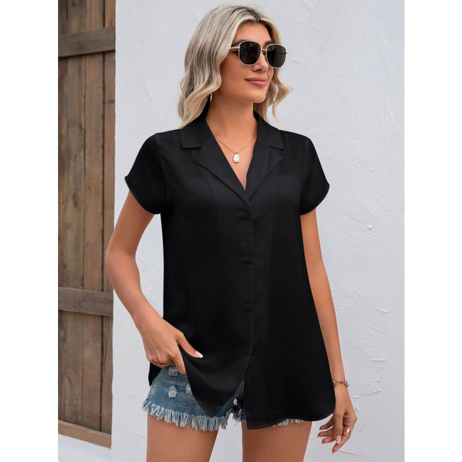 Button Up Collared Neck Short Sleeve Shirt Black / S Apparel and Accessories