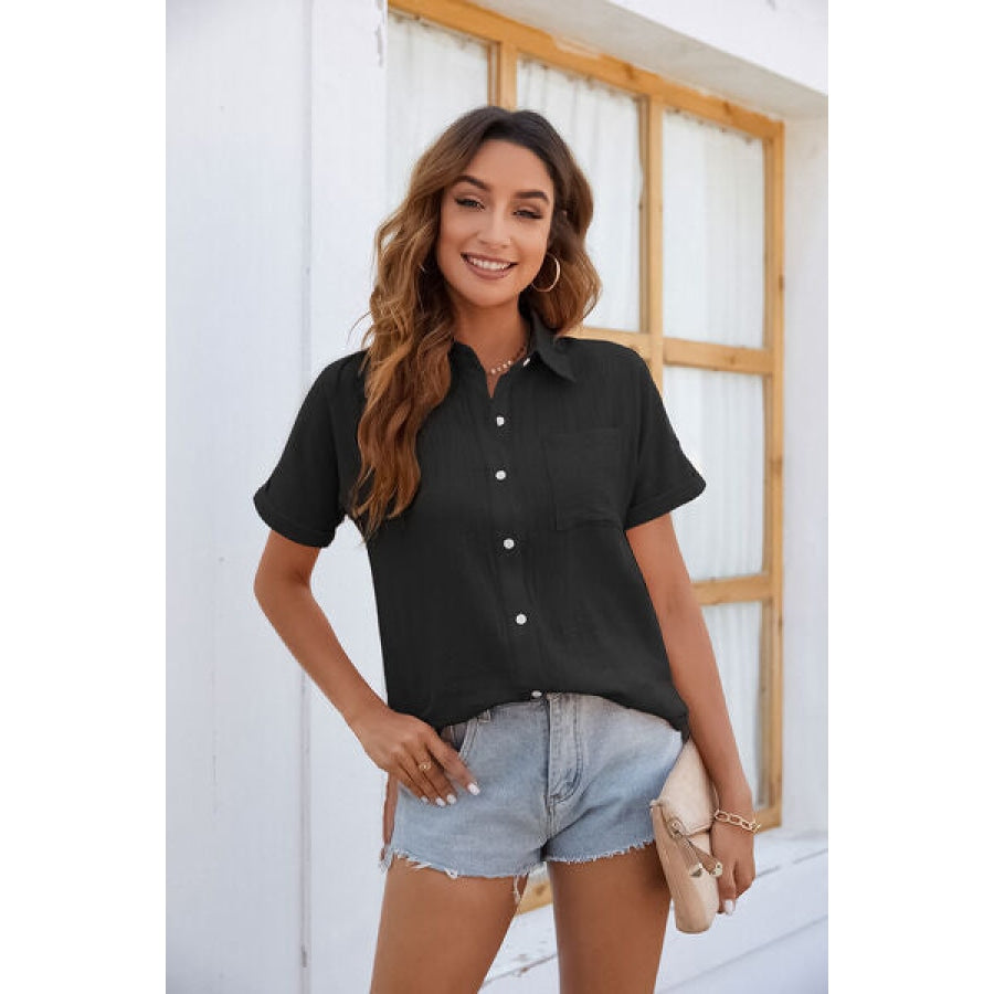 Button Up Collared Neck Short Sleeve Shirt Black / S Clothing