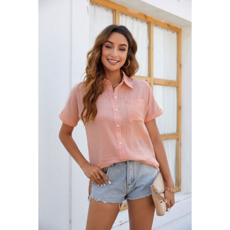 Button Up Collared Neck Short Sleeve Shirt Blush Pink / S Clothing