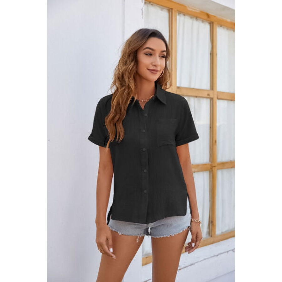 Button Up Collared Neck Short Sleeve Shirt Clothing