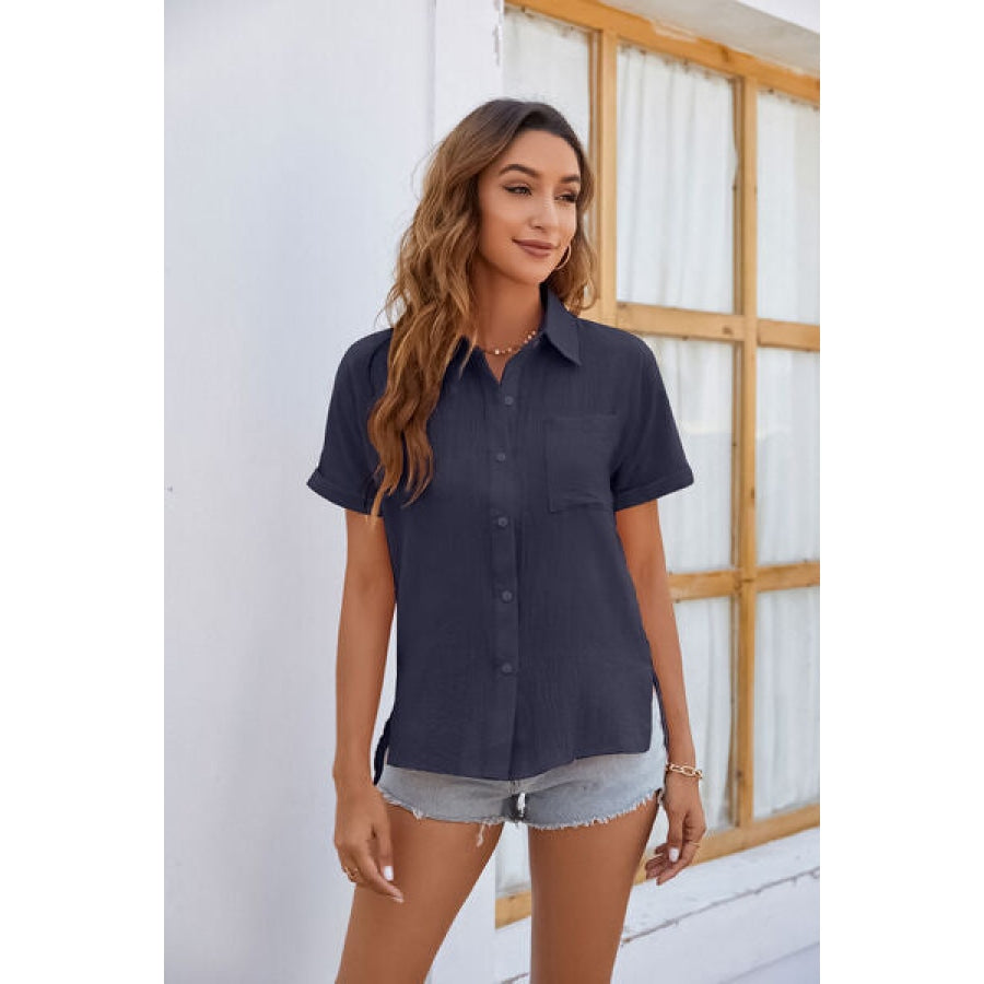 Button Up Collared Neck Short Sleeve Shirt Clothing