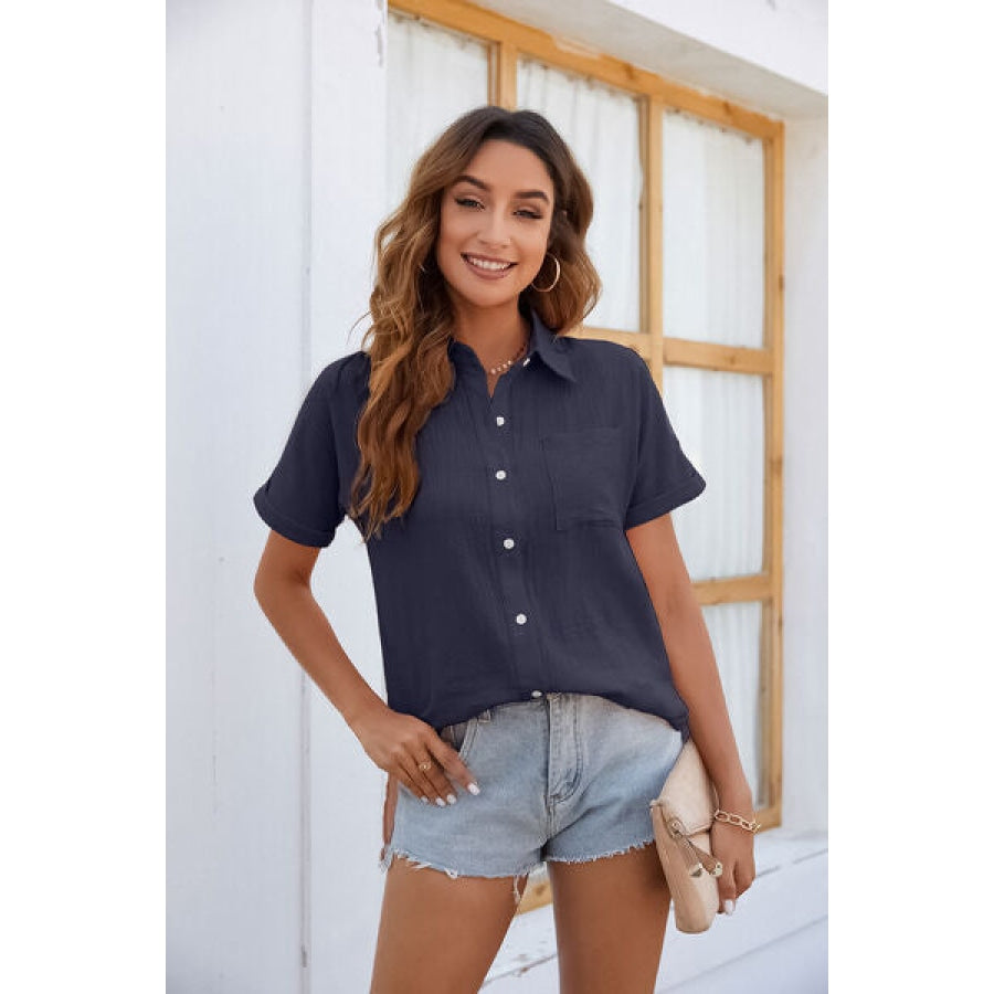 Button Up Collared Neck Short Sleeve Shirt Cobald Blue / S Clothing