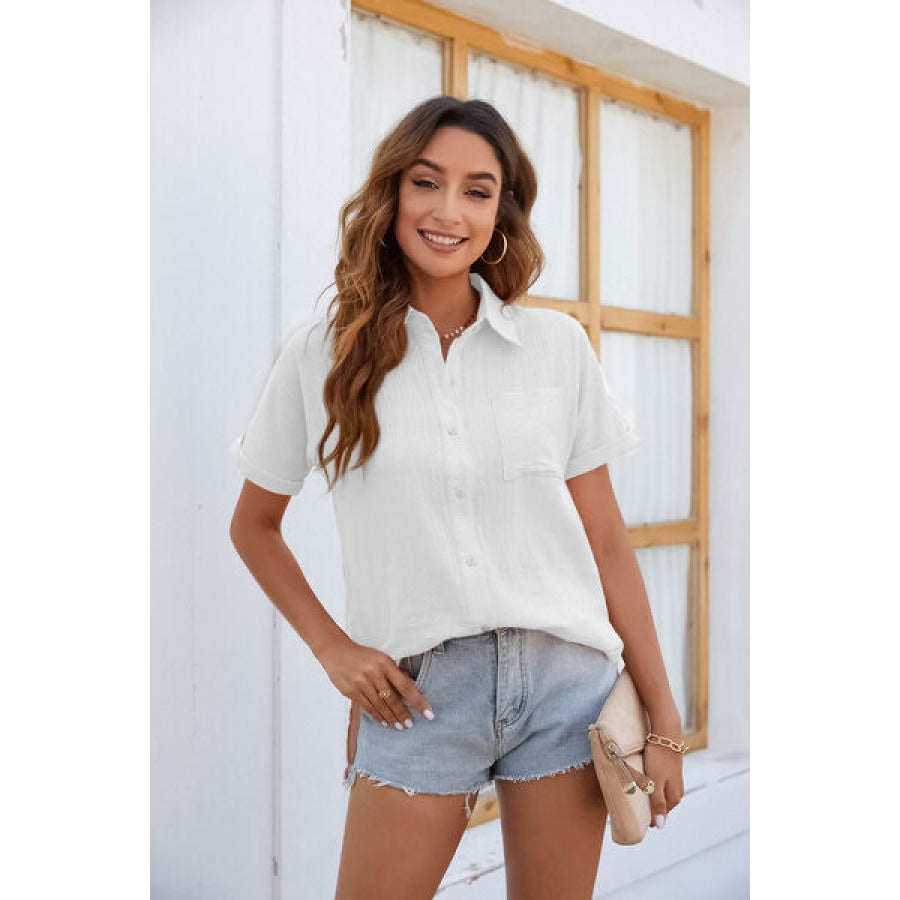 Button Up Collared Neck Short Sleeve Shirt White / S Clothing