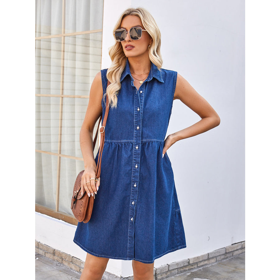 Button Up Collared Neck Sleeveless Denim Dress Apparel and Accessories