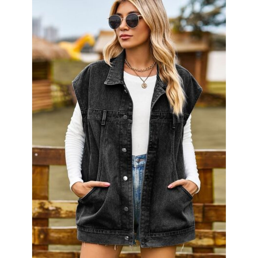 Button Up Collared Neck Sleeveless Denim Jacket Black / S Clothing