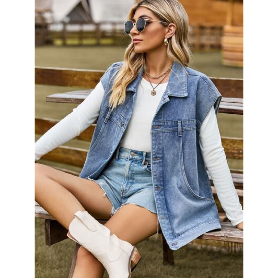 Button Up Collared Neck Sleeveless Denim Jacket Clothing