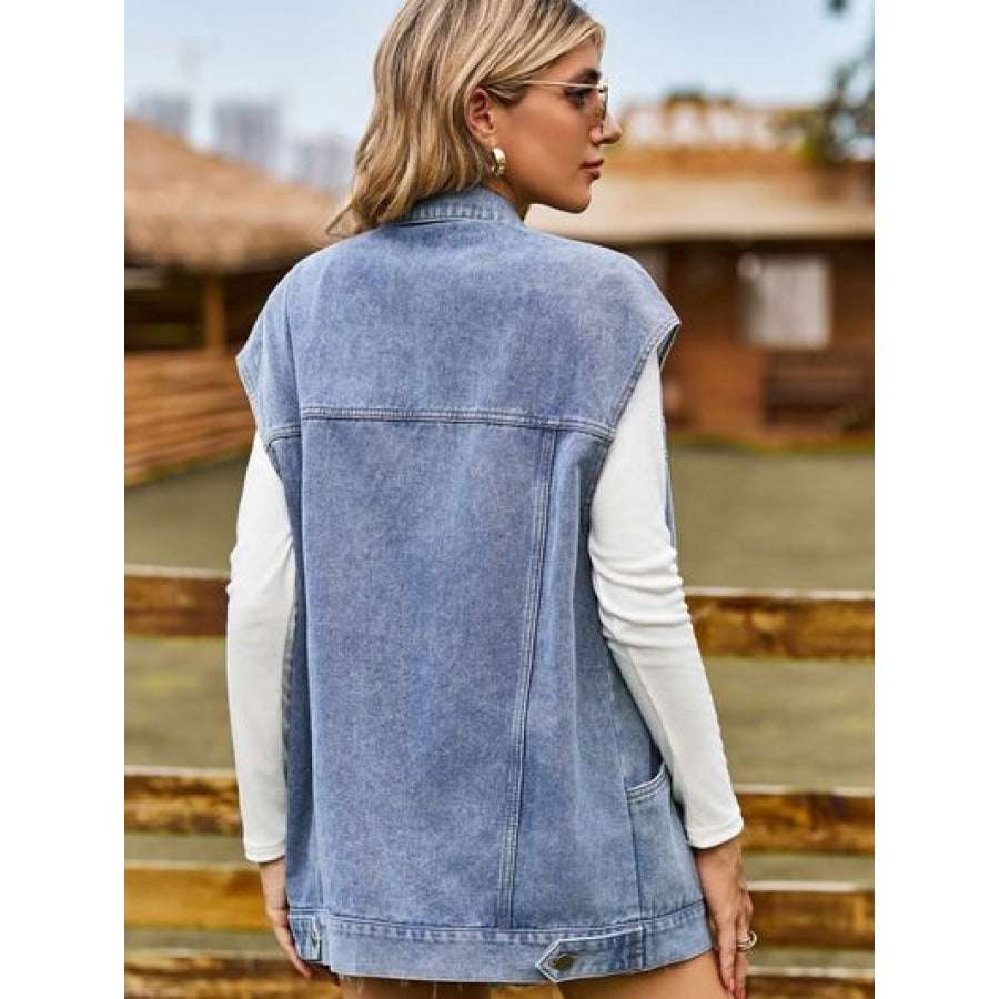 Button Up Collared Neck Sleeveless Denim Jacket Clothing