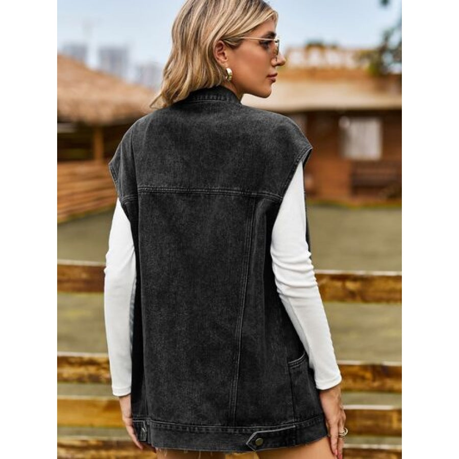 Button Up Collared Neck Sleeveless Denim Jacket Black / S Clothing