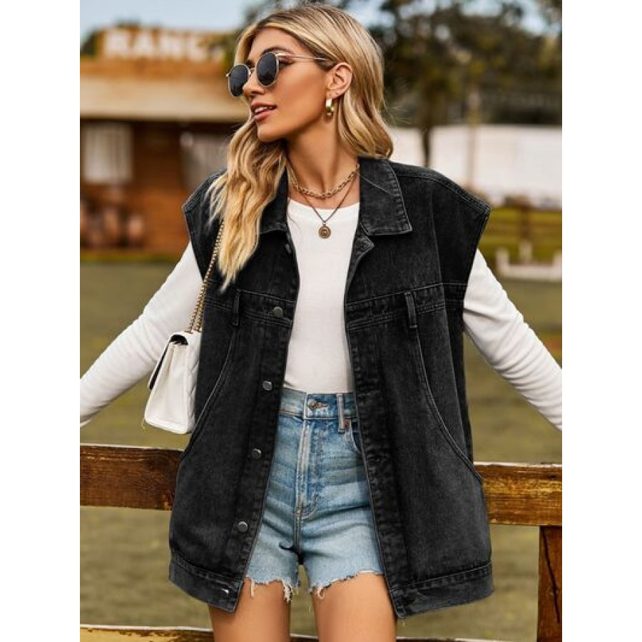 Button Up Collared Neck Sleeveless Denim Jacket Clothing