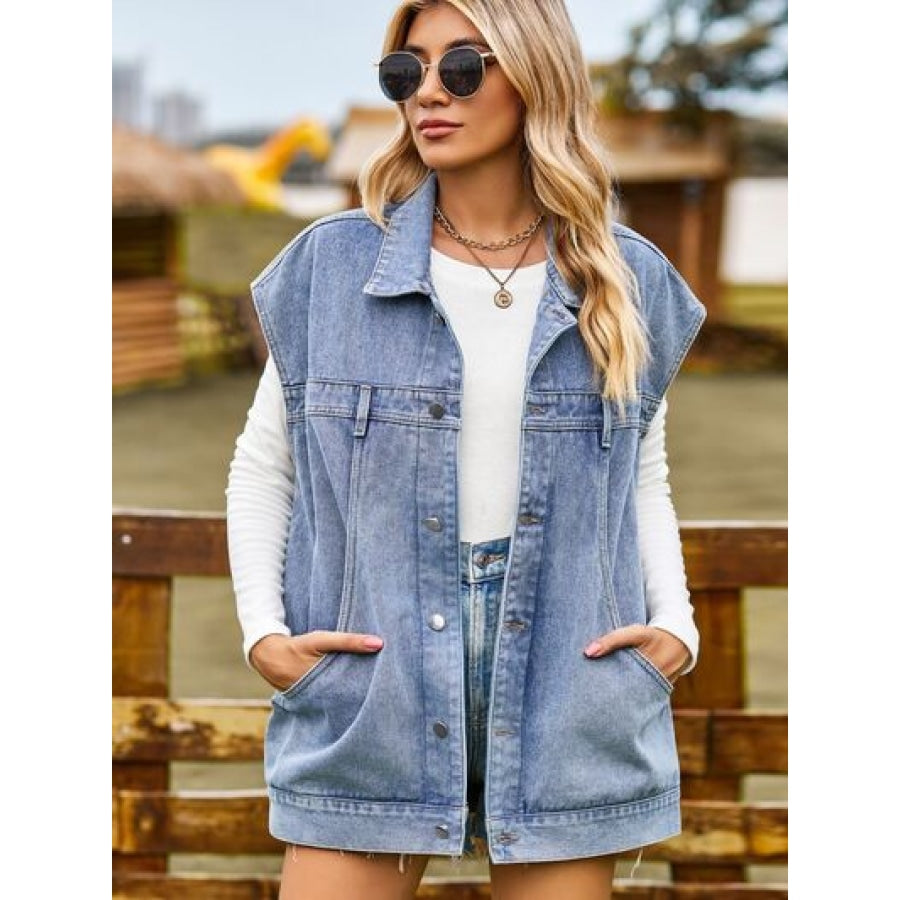 Button Up Collared Neck Sleeveless Denim Jacket Clothing