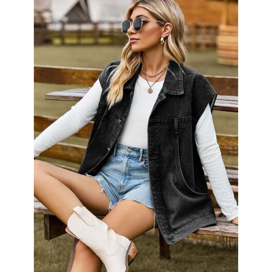 Button Up Collared Neck Sleeveless Denim Jacket Clothing