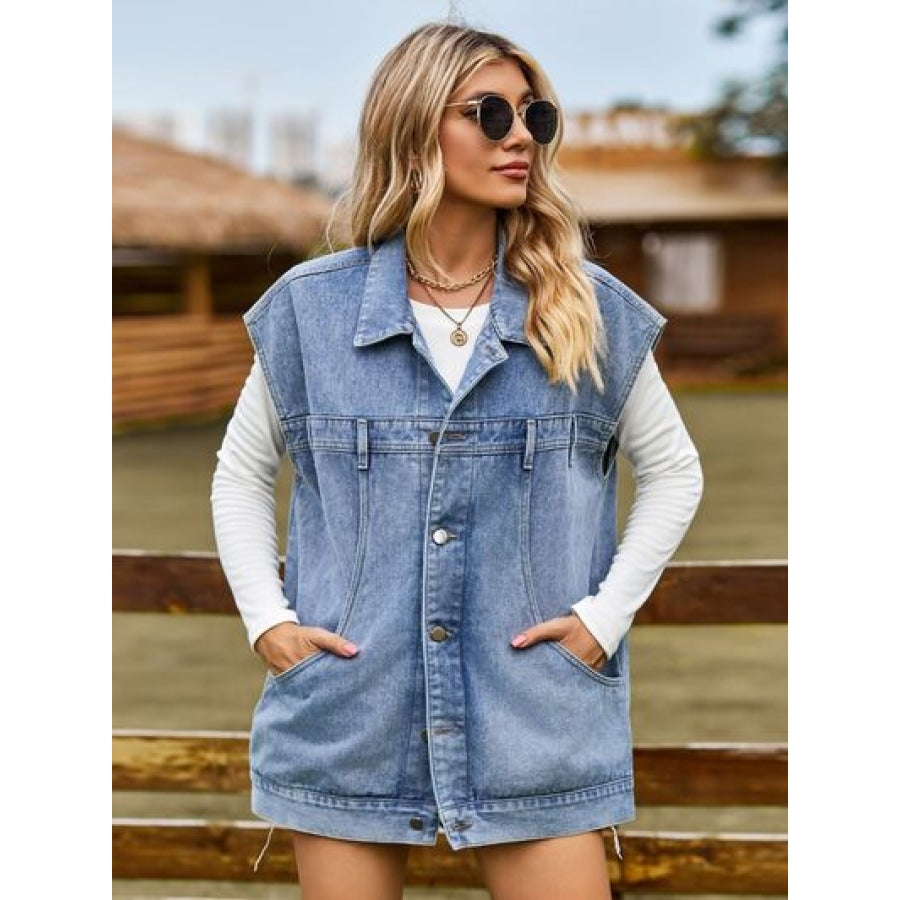 Button Up Collared Neck Sleeveless Denim Jacket Dusty Blue / S Clothing