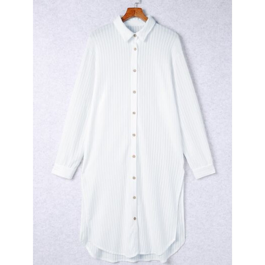 Button Up Collared Neck Slit Shirt Dress White / S Clothing