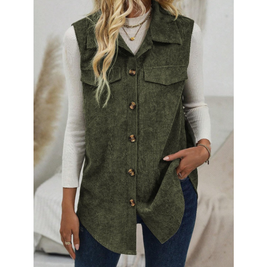 Button Up Collared Neck Vest Coat Army Green / S Apparel and Accessories