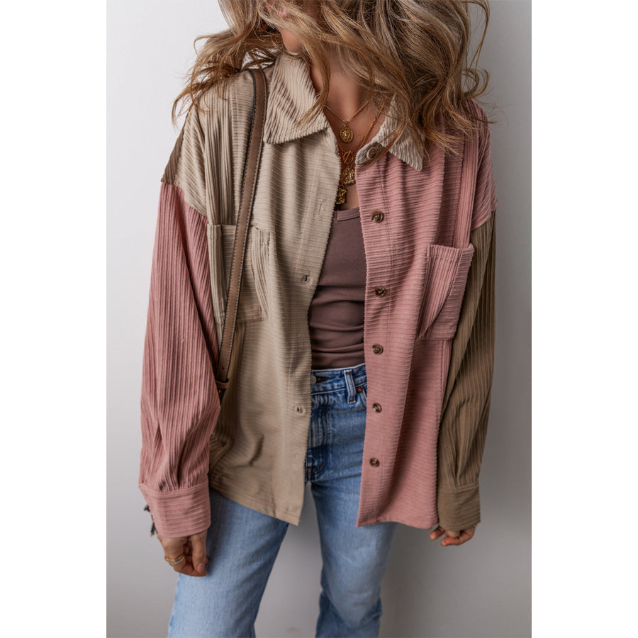 Button Up Color Block Long Sleeve Shacket Dusty Pink / S Apparel and Accessories
