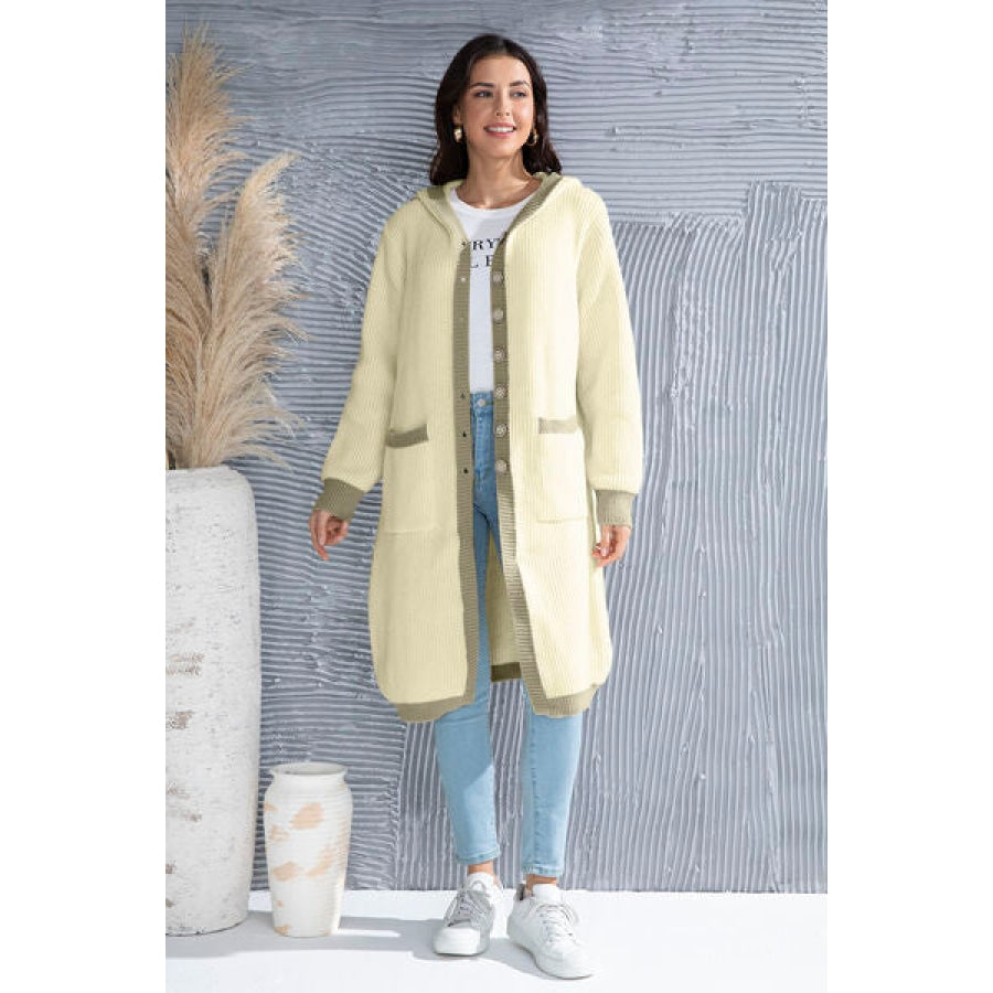 Button Up Contrast Trim Hooded Cardigan Butter Yellow / S Clothing