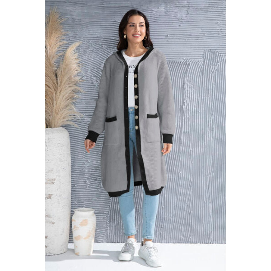 Button Up Contrast Trim Hooded Cardigan Clothing