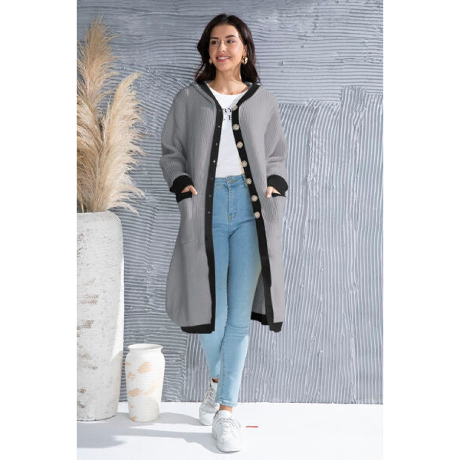 Button Up Contrast Trim Hooded Cardigan Clothing